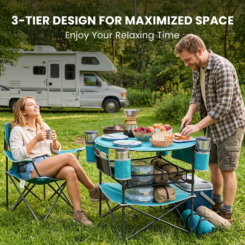 Load image into Gallery viewer, FUNDANGO EasyCamp D70 Folding Camping Table, Portable Outdoor Table with 4 Cup Holders, Storage Pockets & Lower Mesh Shelf Blue