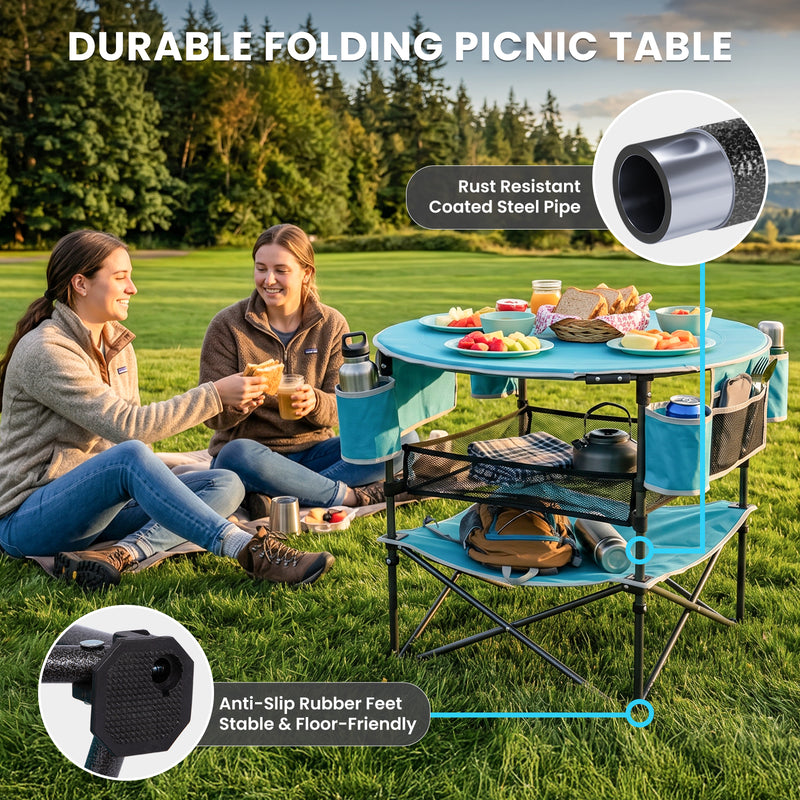 Load image into Gallery viewer, FUNDANGO EasyCamp D70 Folding Camping Table, Portable Outdoor Table with 4 Cup Holders, Storage Pockets & Lower Mesh Shelf Blue