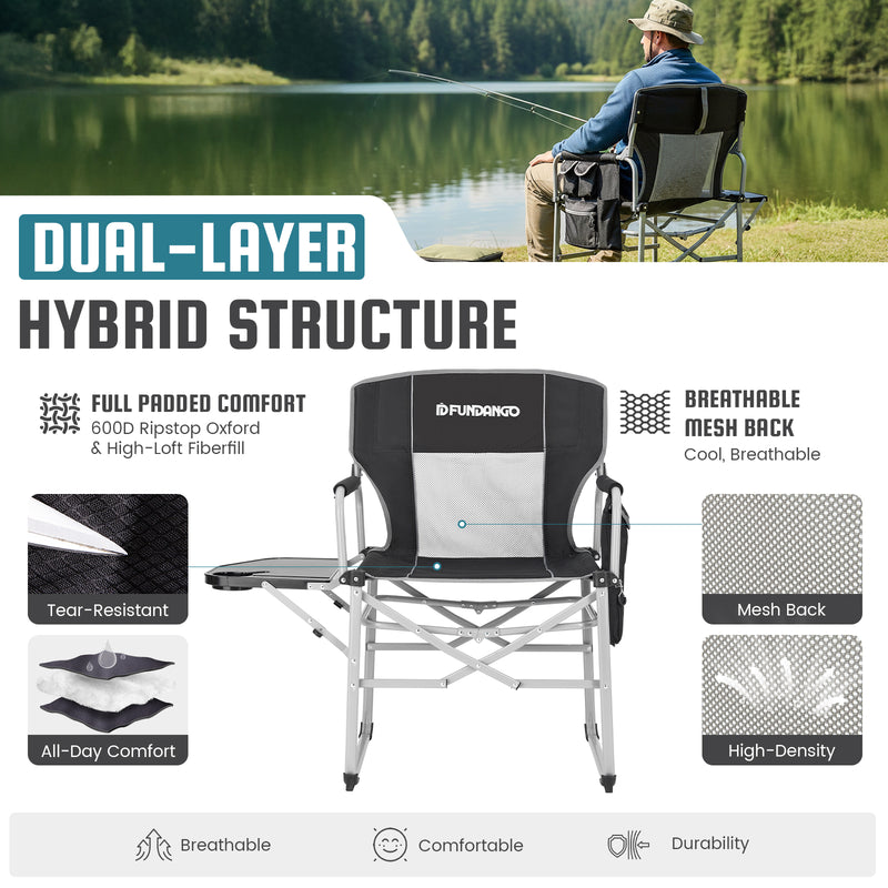 Load image into Gallery viewer, FUNDANGO FoldPro Basic L Portable Director Chair | Heavy Duty 440lb Capacity Folding Camp Chair with Side Table, Breathable Mesh Back & Padded Seat for Camping, Tailgating & Lawn