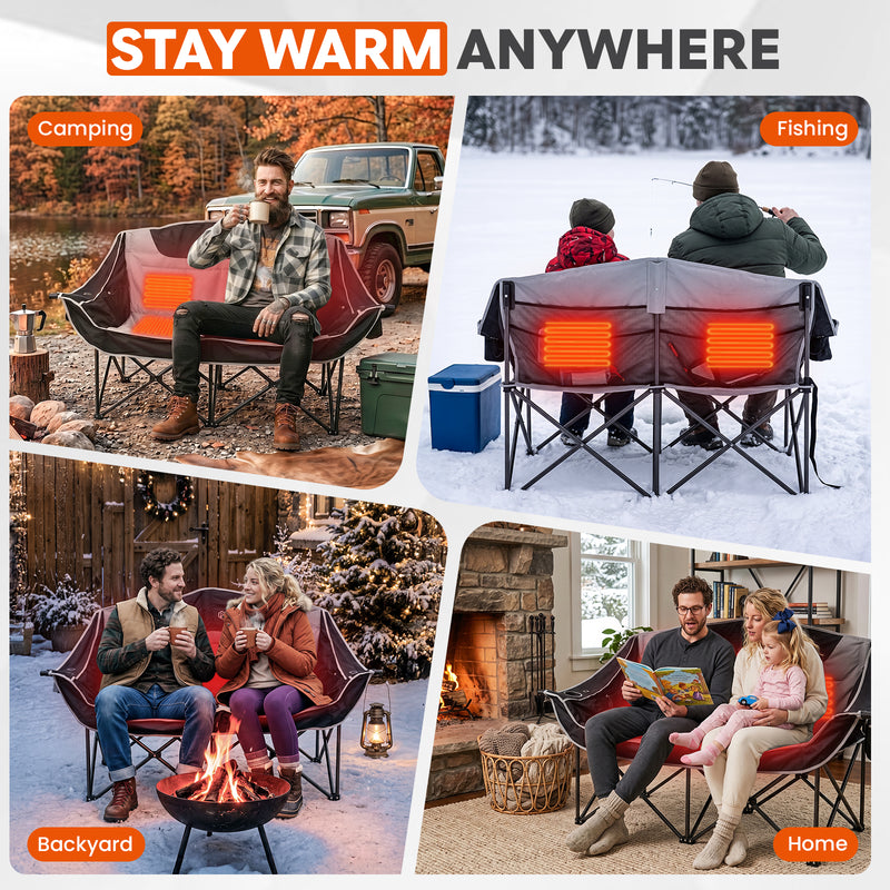 Laden Sie das Bild in Galerie -Viewer, FUNDANGO Heated Double Camping Chair, 2-Person Loveseat with 4 Heating Zones, 3 Heat Settings, 880 lbs Capacity