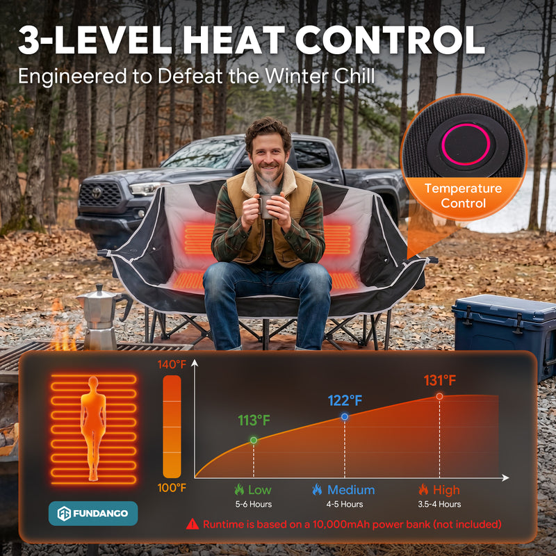 Laden Sie das Bild in Galerie -Viewer, FUNDANGO Heated Double Camping Chair, 2-Person Loveseat with 4 Heating Zones, 3 Heat Settings, 880 lbs Capacity