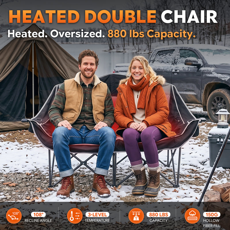 Laden Sie das Bild in Galerie -Viewer, FUNDANGO Heated Double Camping Chair, 2-Person Loveseat with 4 Heating Zones, 3 Heat Settings, 880 lbs Capacity