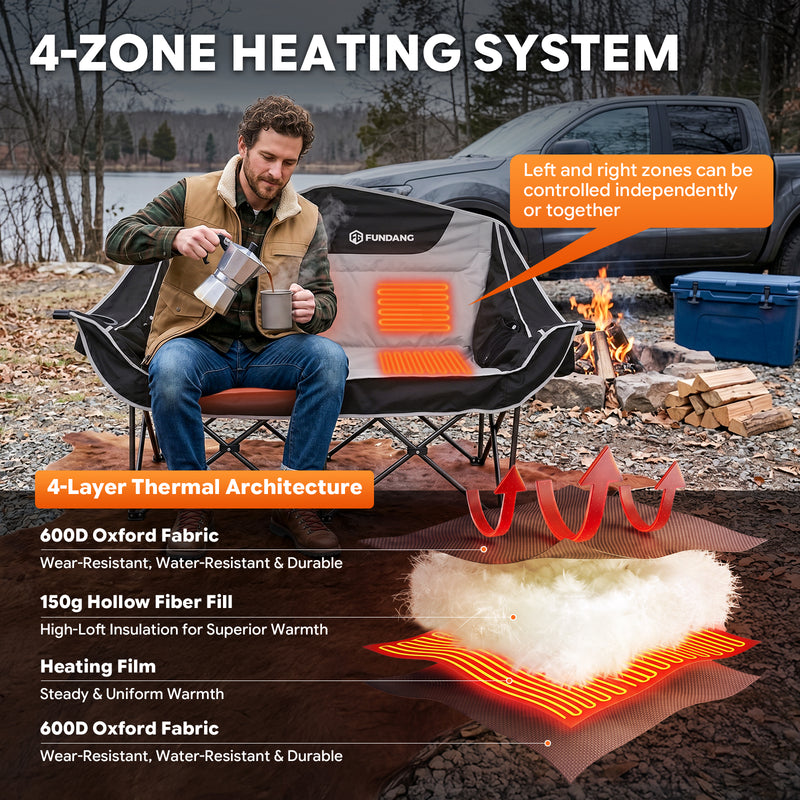 Laden Sie das Bild in Galerie -Viewer, FUNDANGO Heated Double Camping Chair, 2-Person Loveseat with 4 Heating Zones, 3 Heat Settings, 880 lbs Capacity