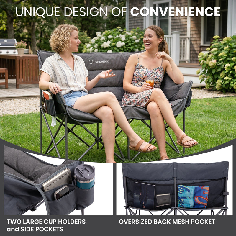 Load image into Gallery viewer, FUNDANGO Heavy Duty Oversized Loveseat for Two with 450g Ultra-Thick Padding, Cup Holders & Mesh Pocket, 880lb Capacity Portable Folding Couch for Beach, Camping & Tailgating