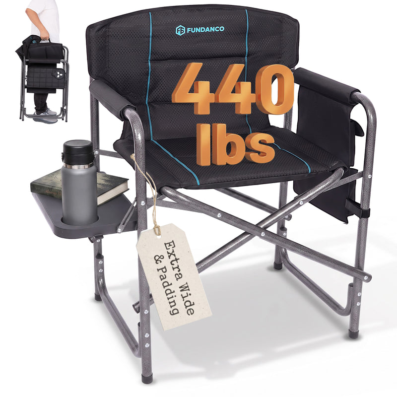 Laden Sie das Bild in Galerie -Viewer, FUNDANGO Oversized Director Chair with Side Table, Padded Folding Camping Chair with Storage Pocket, 440 lbs Capacity