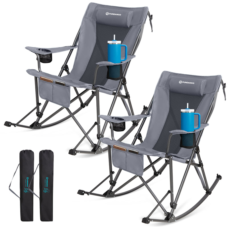 Load image into Gallery viewer, FUNDANGO Portable Rocking Camp Chair with Pillow & Cup Holders High Back Padded Folding Rocker, 300lb Capacity Breathable Mesh Outdoor Chair Grey 2Pack