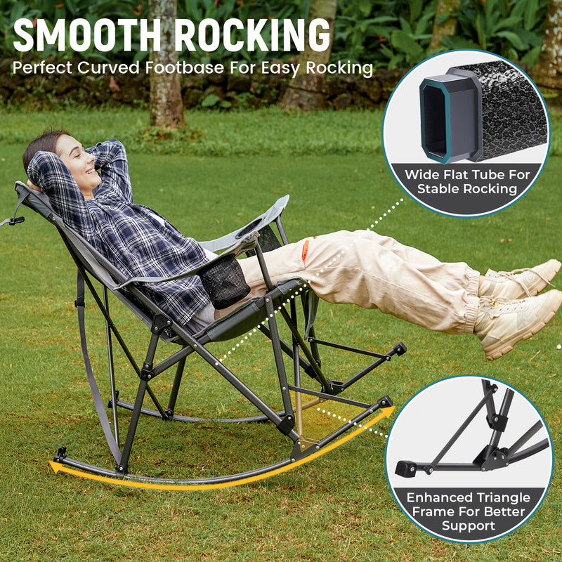 Load image into Gallery viewer, FUNDANGO Portable Rocking Camp Chair with Pillow & Cup Holders High Back Padded Folding Rocker, 300lb Capacity Breathable Mesh Outdoor Chair Grey