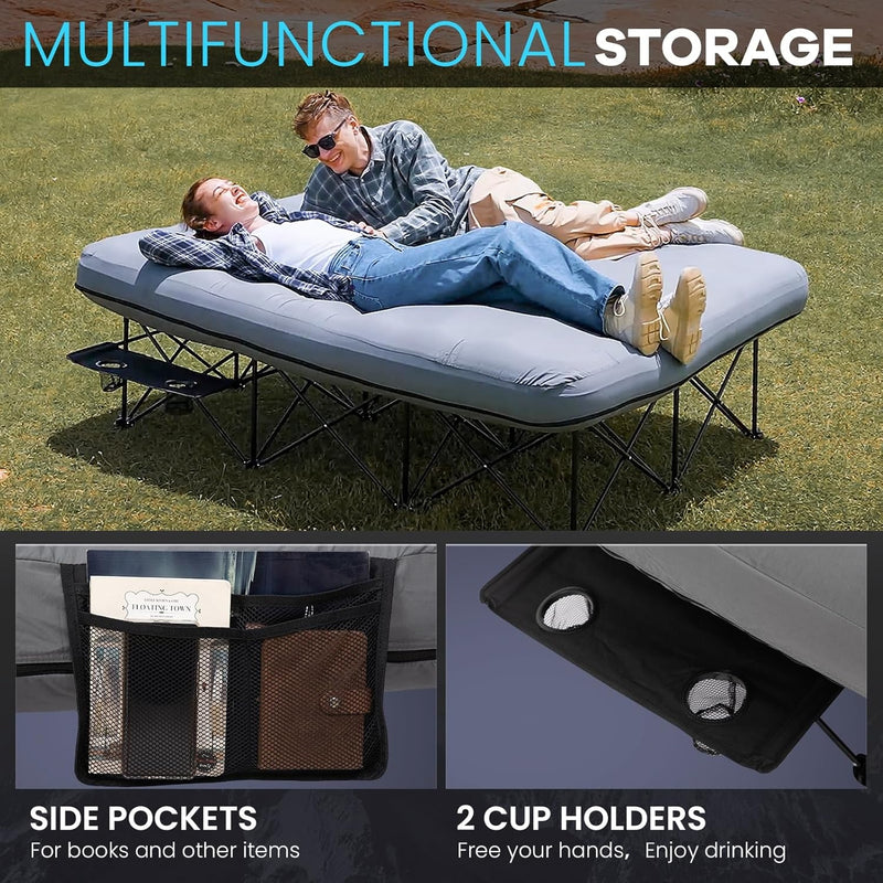 Load image into Gallery viewer, FUNDANGO Queen Camping Cot with Detachable Air Mattress - 2-Person Portable Outdoor Bed with Side Pocket s and 2 Cup Holders
