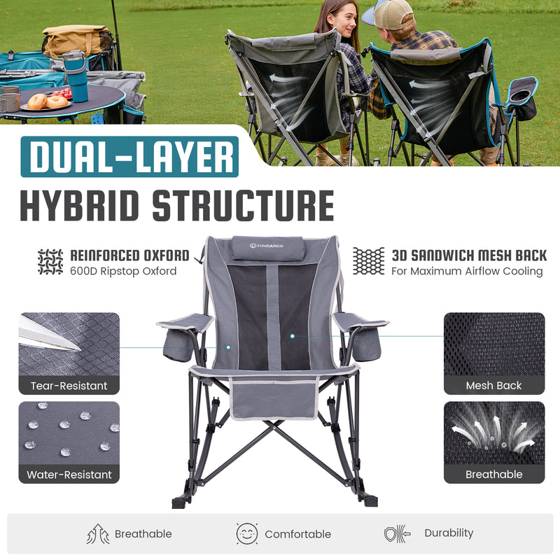 Load image into Gallery viewer, FUNDANGO SunsetHaven 3D Mesh L Portable Rocking Camp Chair High-Back Padded Rocker with Breathable 3D Mesh, 440lb Capacity, Dual Cup Holders & Side Pocket for Patio, Beach & Camping