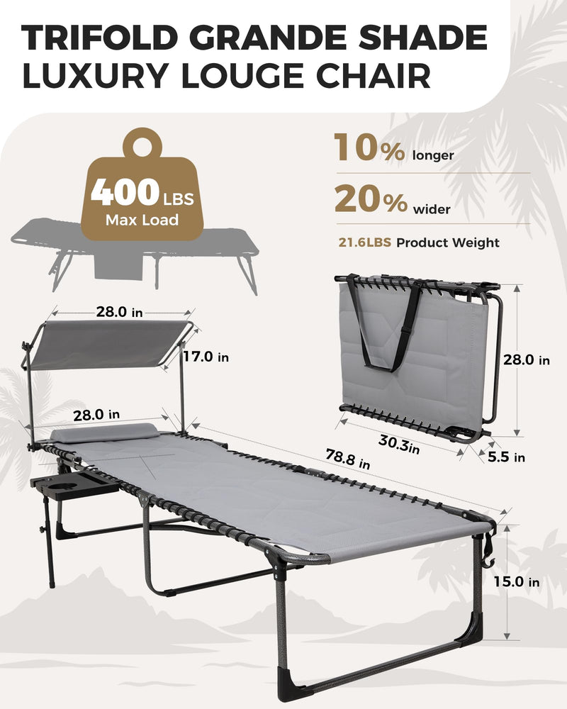 Load image into Gallery viewer, KingCamp 3-Fold Grande Shade Luxury Lounge Chair for Beach, Camping & Backyard