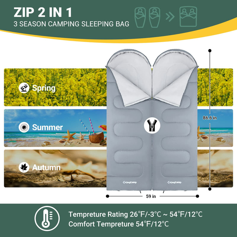 Load image into Gallery viewer, KingCamp Oasis 250 Sleeping Bag-Envelope With Hood 3 Season Camping Sleeping Bag