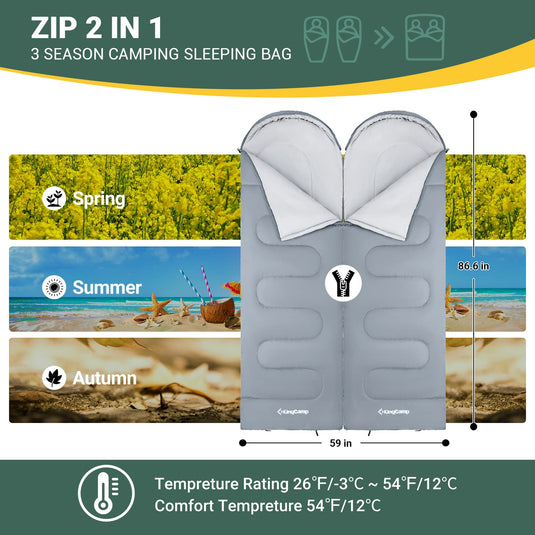 KingCamp Oasis 250 Sleeping Bag-Envelope With Hood 3 Season Camping Sleeping Bag