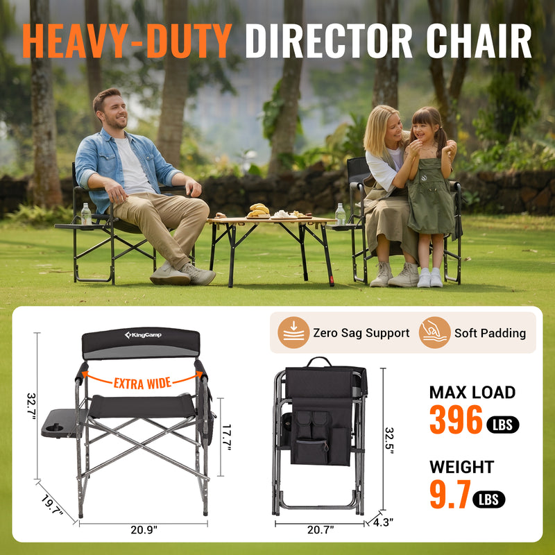 Load image into Gallery viewer, KingCamp ASH B10 Heavy Duty Director's Chair | Oversized 396lb Capacity Camping Chair with Foldable Side Table & Detachable Pocket, Padded Seat for Big & Tall Adults, One-Step Fold for Tailgating & Lawn