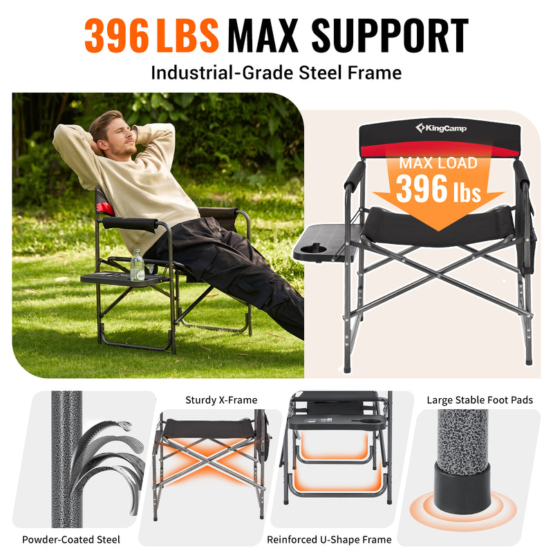 Load image into Gallery viewer, KingCamp ASH B10 Heavy Duty Director's Chair | Oversized 396lb Capacity Camping Chair with Foldable Side Table & Detachable Pocket, Padded Seat for Big & Tall Adults, One-Step Fold for Tailgating & Lawn
