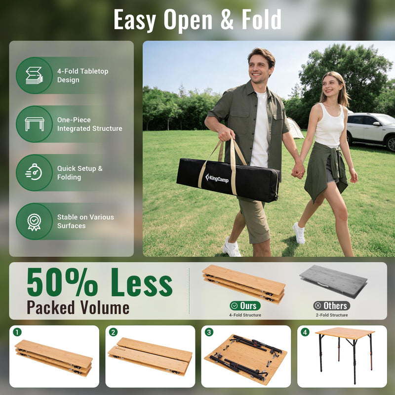 Load image into Gallery viewer, KingCamp 4-Fold Bamboo Camping Table | Portable Adjustable Height Folding Table (16.5"-27.5") for Outdoor, Picnic & Tailgating, Holds 265 lbs