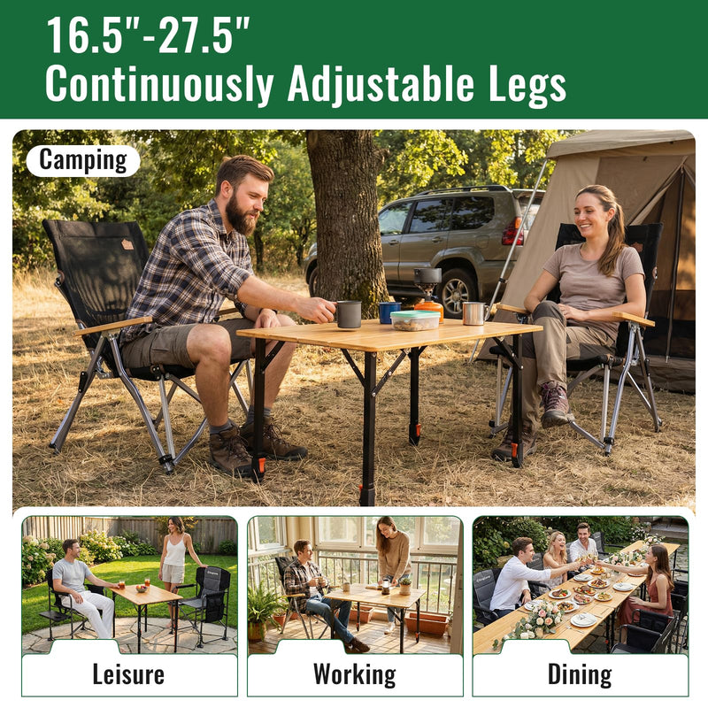 Load image into Gallery viewer, KingCamp 4-Fold Bamboo Camping Table | Portable Adjustable Height Folding Table (16.5"-27.5") for Outdoor, Picnic & Tailgating, Holds 265 lbs