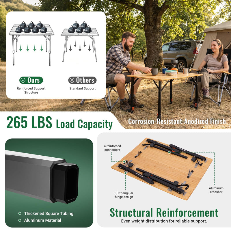 Load image into Gallery viewer, KingCamp 4-Fold Bamboo Camping Table | Portable Adjustable Height Folding Table (16.5"-27.5") for Outdoor, Picnic & Tailgating, Holds 265 lbs