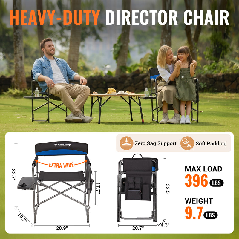 Load image into Gallery viewer, KingCamp ASH B10 Heavy Duty Director's Chair | Oversized 396lb Capacity Camping Chair with Foldable Side Table & Detachable Pocket, Padded Seat for Big & Tall Adults, One-Step Fold for Tailgating & Lawn