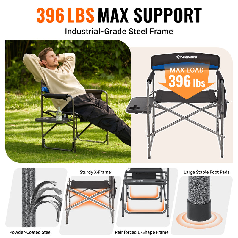 Load image into Gallery viewer, KingCamp ASH B10 Heavy Duty Director's Chair | Oversized 396lb Capacity Camping Chair with Foldable Side Table & Detachable Pocket, Padded Seat for Big & Tall Adults, One-Step Fold for Tailgating & Lawn