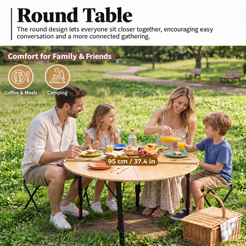 Load image into Gallery viewer, KingCamp BAMBOO P95D PLUS Round Bamboo Camping Table, 14.2"-23.6" Adjustable Height, 37.4" Folding Outdoor Table