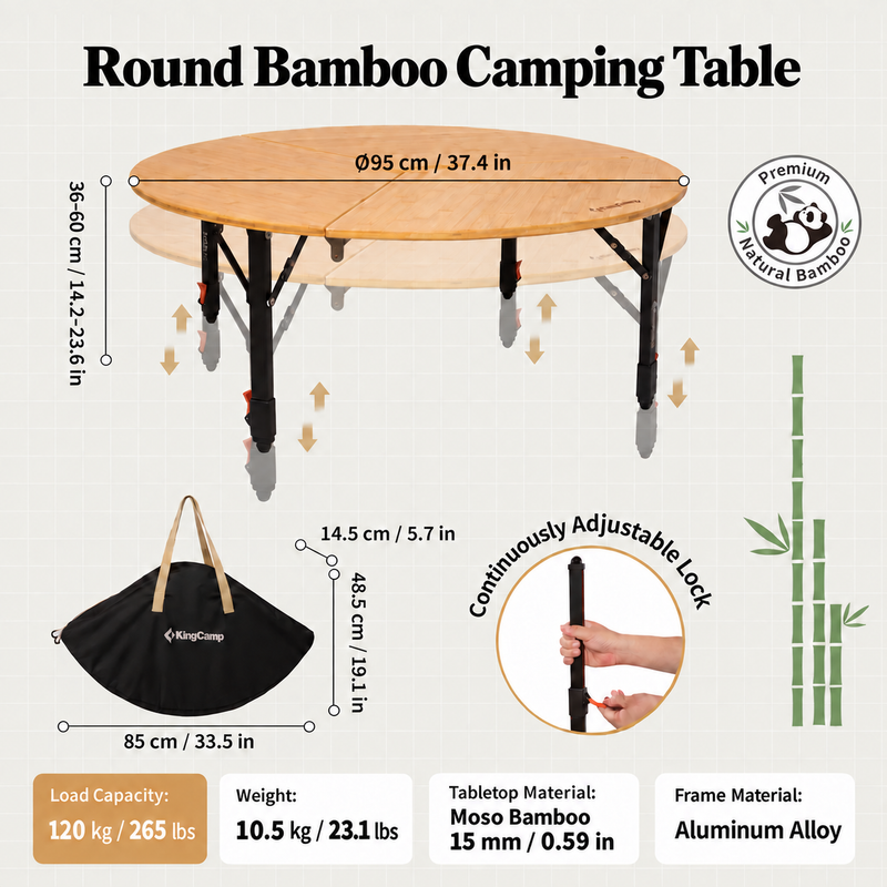 Load image into Gallery viewer, KingCamp BAMBOO P95D PLUS Round Bamboo Camping Table, 14.2"-23.6" Adjustable Height, 37.4" Folding Outdoor Table