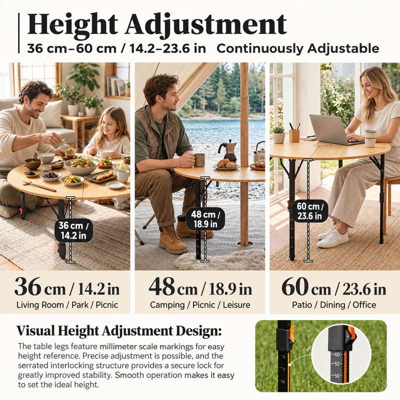 Load image into Gallery viewer, KingCamp BAMBOO P95D PLUS Round Bamboo Camping Table, 14.2"-23.6" Adjustable Height, 37.4" Folding Outdoor Table