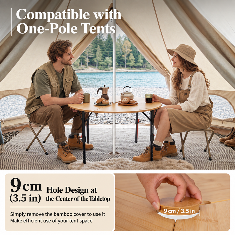Load image into Gallery viewer, KingCamp BAMBOO P95D PLUS Round Bamboo Camping Table, 14.2"-23.6" Adjustable Height, 37.4" Folding Outdoor Table
