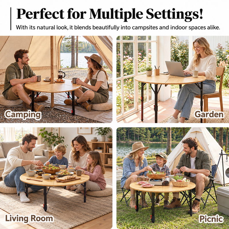 Load image into Gallery viewer, KingCamp BAMBOO P95D PLUS Round Bamboo Camping Table, 14.2"-23.6" Adjustable Height, 37.4" Folding Outdoor Table