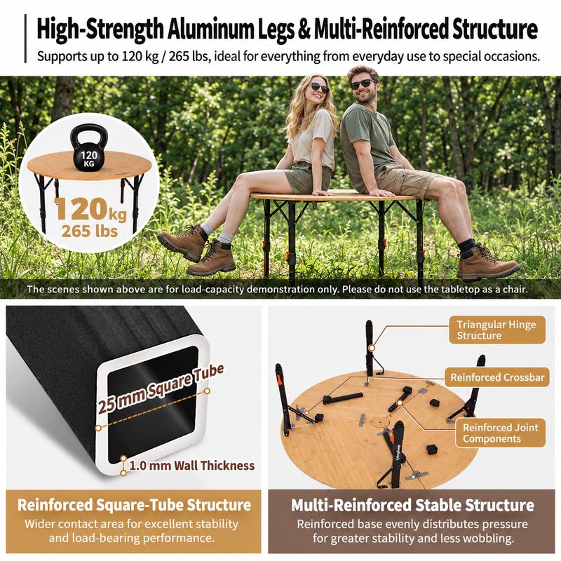 Load image into Gallery viewer, KingCamp BAMBOO P95D PLUS Round Bamboo Camping Table, 14.2"-23.6" Adjustable Height, 37.4" Folding Outdoor Table