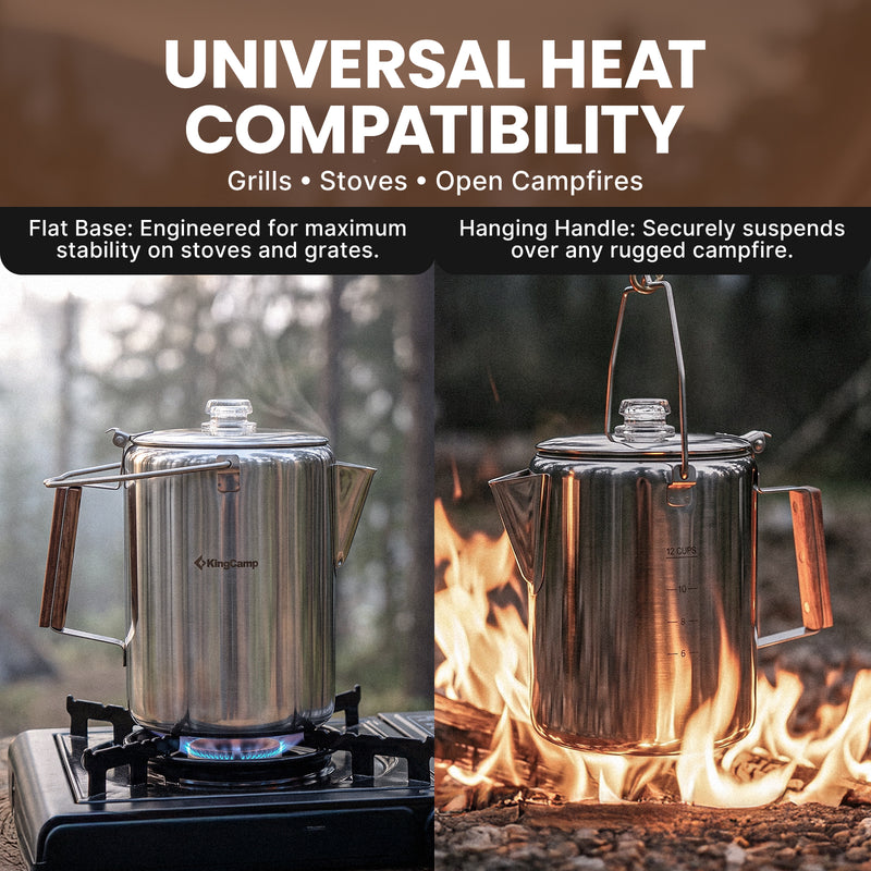 Laden Sie das Bild in Galerie -Viewer, KingCamp BREWBLOOM Camping Coffee Percolator, 304 Stainless Steel Campfire Coffee Pot with Glass Knob, Wooden Handle & Hanging Bail 12 Cup
