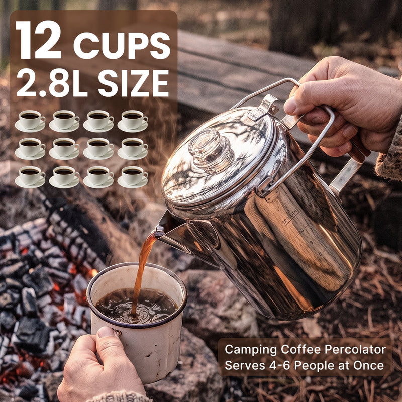 Laden Sie das Bild in Galerie -Viewer, KingCamp BREWBLOOM Camping Coffee Percolator, 304 Stainless Steel Campfire Coffee Pot with Glass Knob, Wooden Handle & Hanging Bail 12 Cup