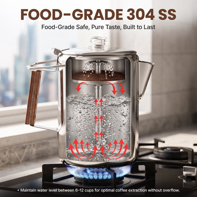 Laden Sie das Bild in Galerie -Viewer, KingCamp BREWBLOOM Camping Coffee Percolator, 304 Stainless Steel Campfire Coffee Pot with Glass Knob, Wooden Handle & Hanging Bail 12 Cup