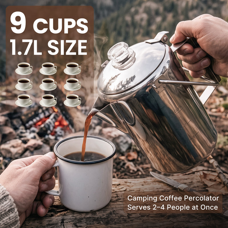 Laden Sie das Bild in Galerie -Viewer, KingCamp BREWBLOOM Camping Coffee Percolator, 304 Stainless Steel Campfire Coffee Pot with Glass Knob, Wooden Handle & Hanging Bail – 9 Cup