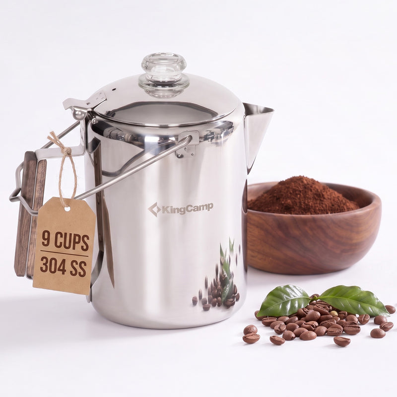 Laden Sie das Bild in Galerie -Viewer, KingCamp BREWBLOOM Camping Coffee Percolator, 304 Stainless Steel Campfire Coffee Pot with Glass Knob, Wooden Handle & Hanging Bail – 9 Cup