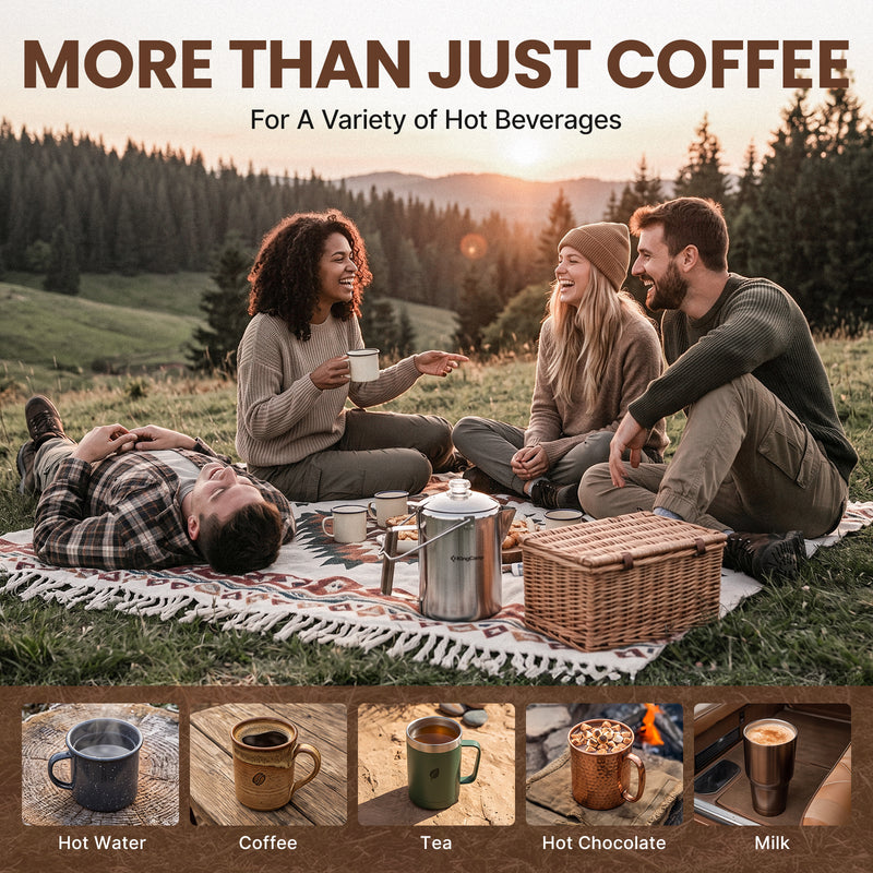 Laden Sie das Bild in Galerie -Viewer, KingCamp BREWBLOOM Camping Coffee Percolator with Hanging Handle: Securely suspends over any rugged campfire.