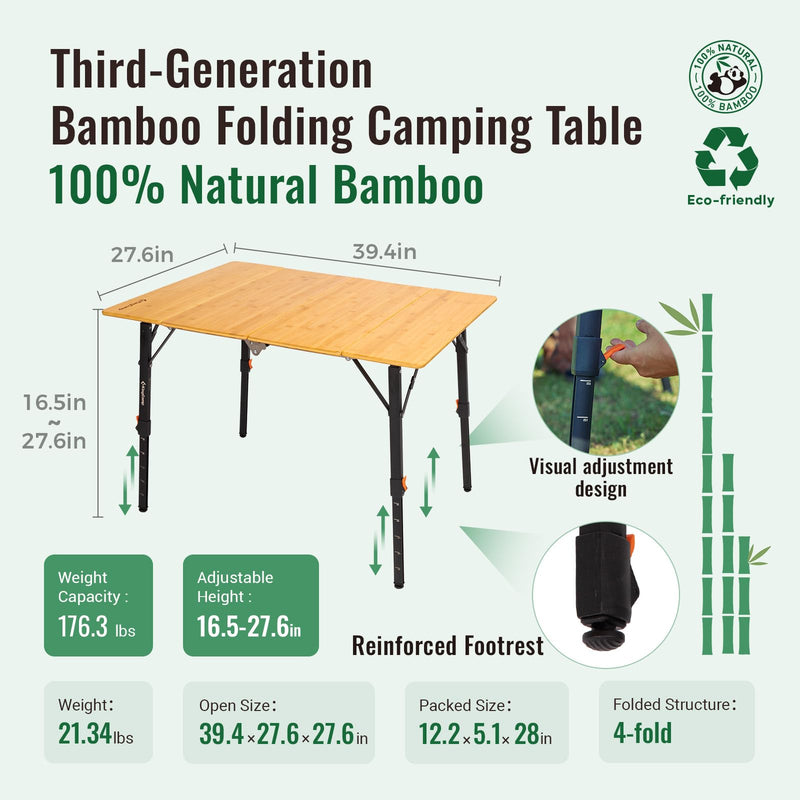 Load image into Gallery viewer, KingCamp BamAura 4Fold 10070 All-Terrain Bamboo Camping Table | 4-Folding Portable Picnic Table with Visual-Adjust Legs (16.5"-27.5")