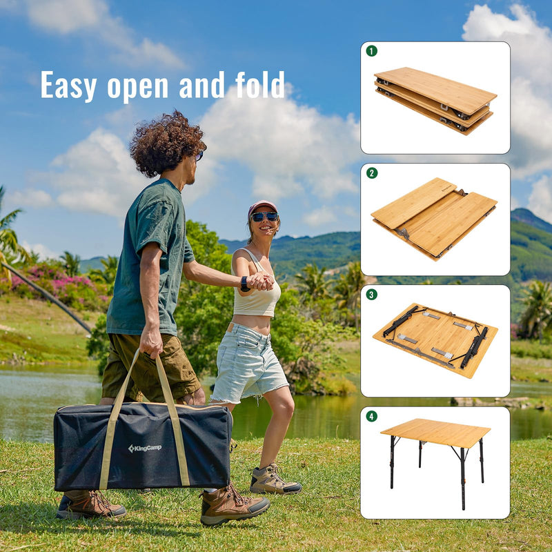 Load image into Gallery viewer, KingCamp BamAura 4Fold 10070 All-Terrain Bamboo Camping Table | 4-Folding Portable Picnic Table with Visual-Adjust Legs (16.5"-27.5")