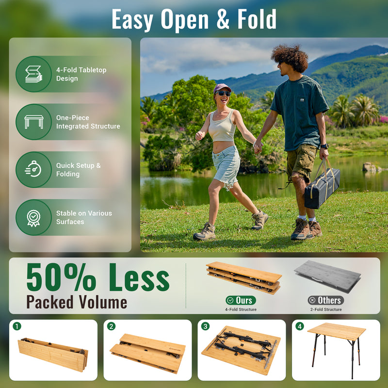 Load image into Gallery viewer, KingCamp BamAura 4Fold 8060 All-Terrain Bamboo Camping Table easy open and fold one piece integrated structure