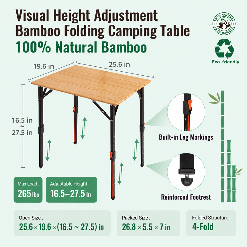 Laden Sie das Bild in Galerie -Viewer, KingCamp BamAura 4Fold Bamboo Camping Table, Adjustable Height 16.5"-27.5", Portable Folding Table for 2-3 People