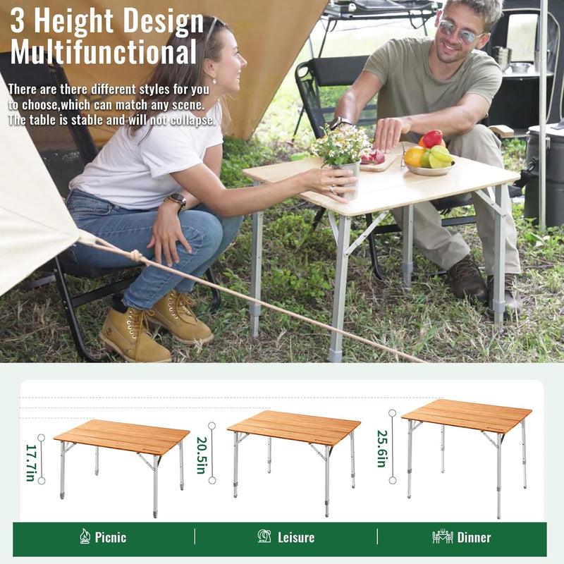Load image into Gallery viewer, KingCamp BamAura 6550 Folding Bamboo Camping Table | 4-Fold Portable Table, Adjustable Height (18"/20.5"/25.6") for 2-3 People, Holds 180 lbs