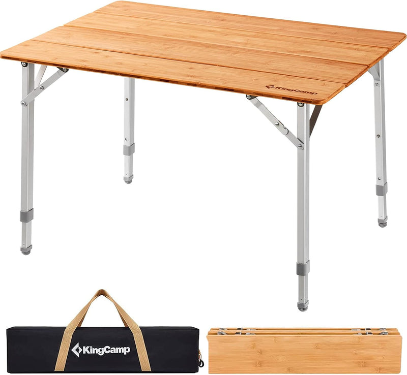 Load image into Gallery viewer, KingCamp BamAura 6550 Folding Bamboo Camping Table | 4-Fold Portable Table, Adjustable Height (18"/20.5"/25.6") for 2-3 People, Holds 180 lbs