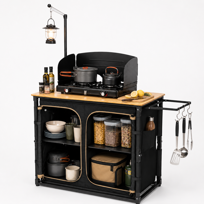 Load image into Gallery viewer, KingCamp BamAura CoreFlex Camp Kitchen Table with Bamboo Prep Top, Windshield, Storage Shelves and Light Pole