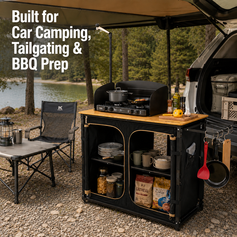 Load image into Gallery viewer, KingCamp BamAura CoreFlex Camp Kitchen Table with Bamboo Prep Top, Windshield, Storage Shelves and Light Pole