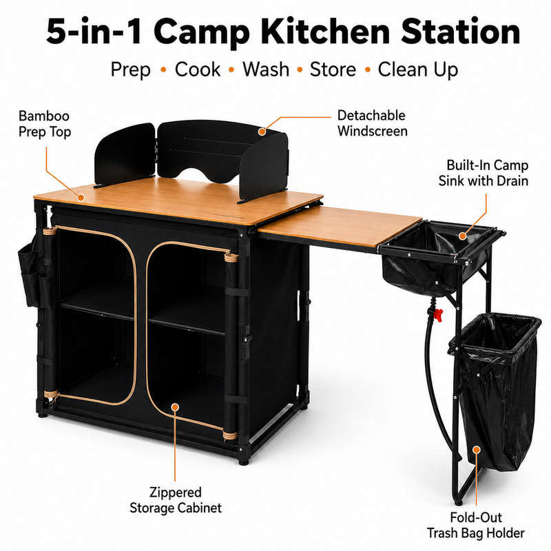 Load image into Gallery viewer, KingCamp BamAura CoreFlex PLUS Camping Kitchen Table with Sink | All-in-One Outdoor Kitchen Station with Bamboo Top, Storage Cabinet, Windshield & Foldable Trash Rack for Car Camping & Tailgating
