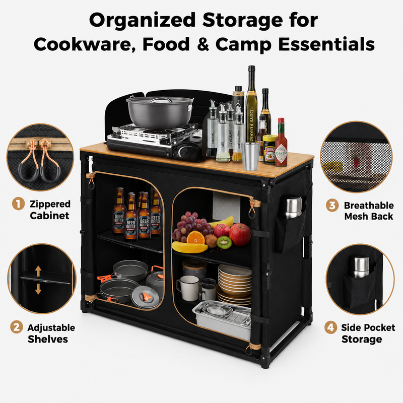 Load image into Gallery viewer, KingCamp BamAura CoreFlex PLUS Camping Kitchen Table with Sink | All-in-One Outdoor Kitchen Station with Bamboo Top, Storage Cabinet, Windshield & Foldable Trash Rack for Car Camping & Tailgating