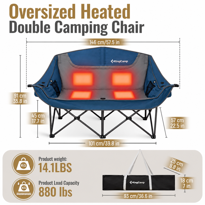 Load image into Gallery viewer, KingCamp CANNA C20 PLUS Heated Loveseat Camping Chair - 2-Person Oversized Padded Couples Chair with 4 Heating Zones, 3 Heat Settings