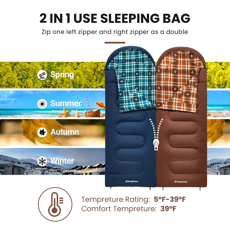 Load image into Gallery viewer, KingCamp CLOUDY 400 Cold Weather Sleeping Bag for Adults - 4-Season, Wide, Waterproof, Converts to Double