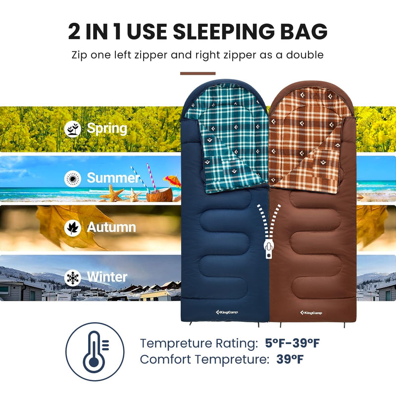 Load image into Gallery viewer, KingCamp CLOUDY 400 Cold Weather Sleeping Bag for Adults - 4-Season, Wide, Waterproof, Converts to Double