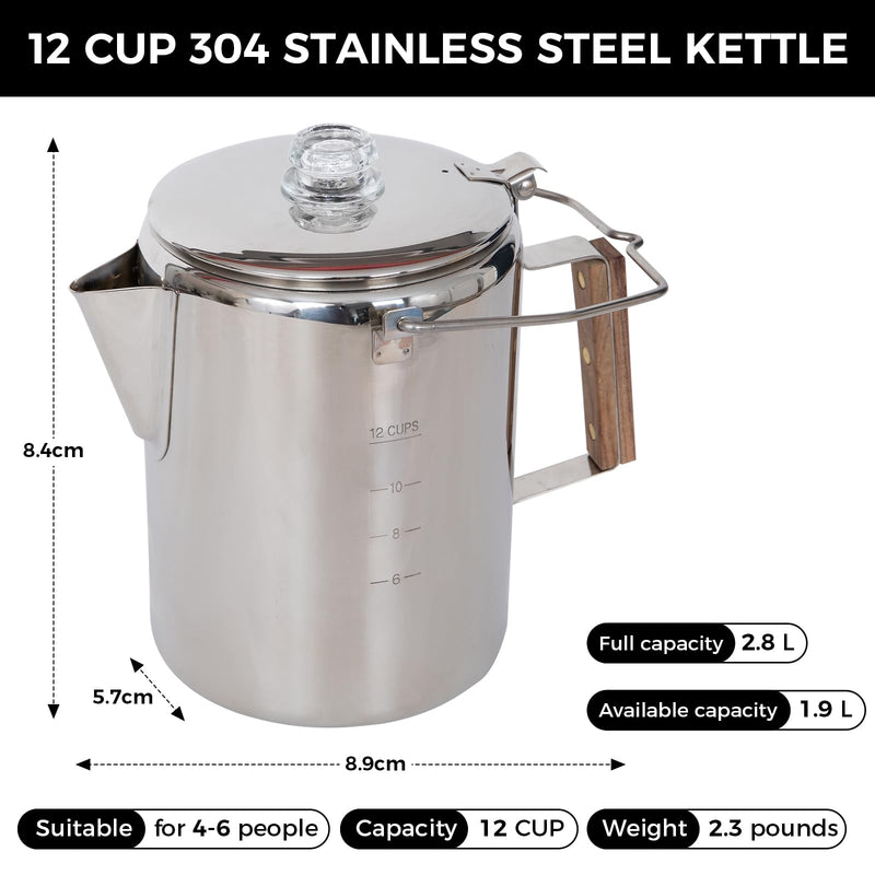 Laden Sie das Bild in Galerie -Viewer, KingCamp Camping Coffee Pot, 12 Cup Stainless Steel Percolator - 304 Food-Grade, Wood Handle for Campfire, RV & Outdoor Brewing, No Aluminum