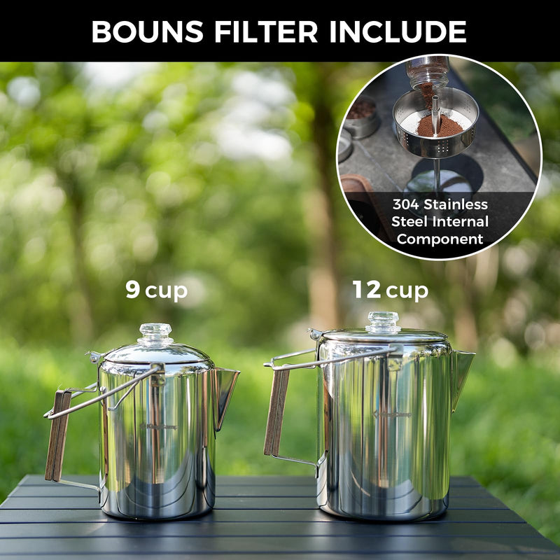 Laden Sie das Bild in Galerie -Viewer, KingCamp Camping Coffee Pot, 12 Cup Stainless Steel Percolator - 304 Food-Grade, Wood Handle for Campfire, RV & Outdoor Brewing, No Aluminum
